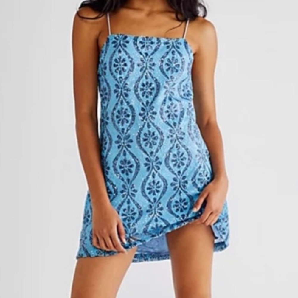 Free People Retro Babe Sparkle Mini Dress in Adonis Combo Size Medium Party Blue